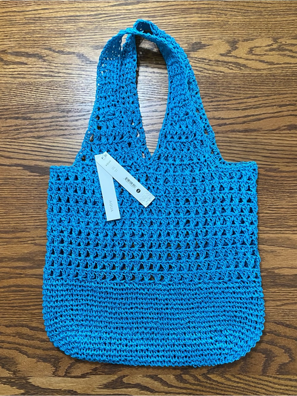 NWT Bloomingdale’s Exclusive Aqua Crochet Tote Shoulder Bag 15” W x 14” T Blue